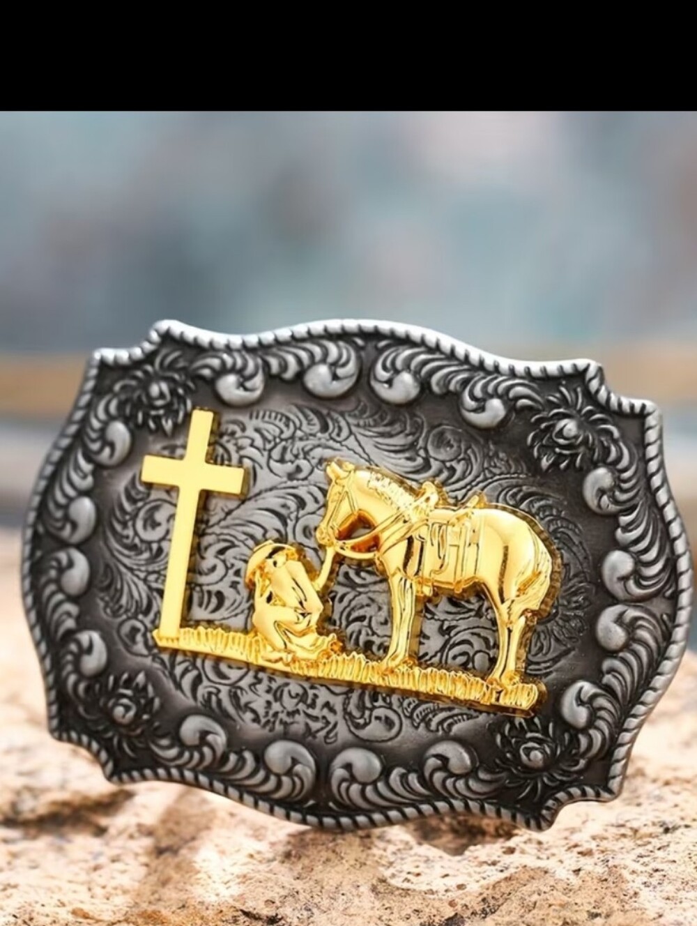 Faith Horse and cowboy praying at cross Belt Buckle Choose Color